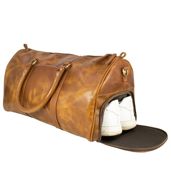 Genuine Leather Travel Duffle Bag, Tan - Picture 6 of 14